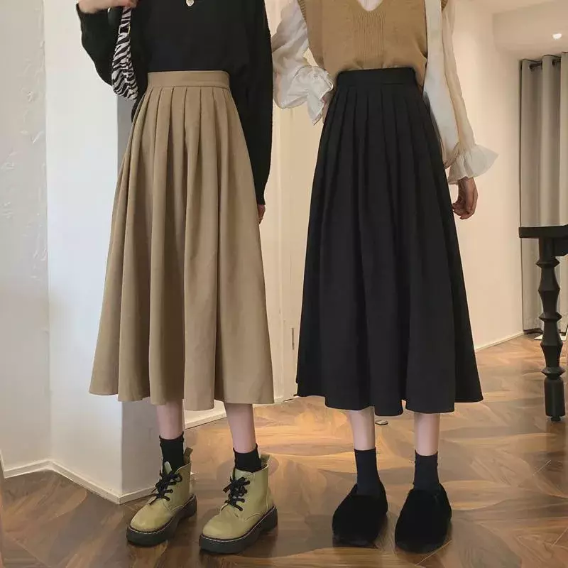 Preppy Style Pleated Skirt for Women Autumn Winter High Waist Long Skirts Woman Korean Solid Color A Line Skirts Female
