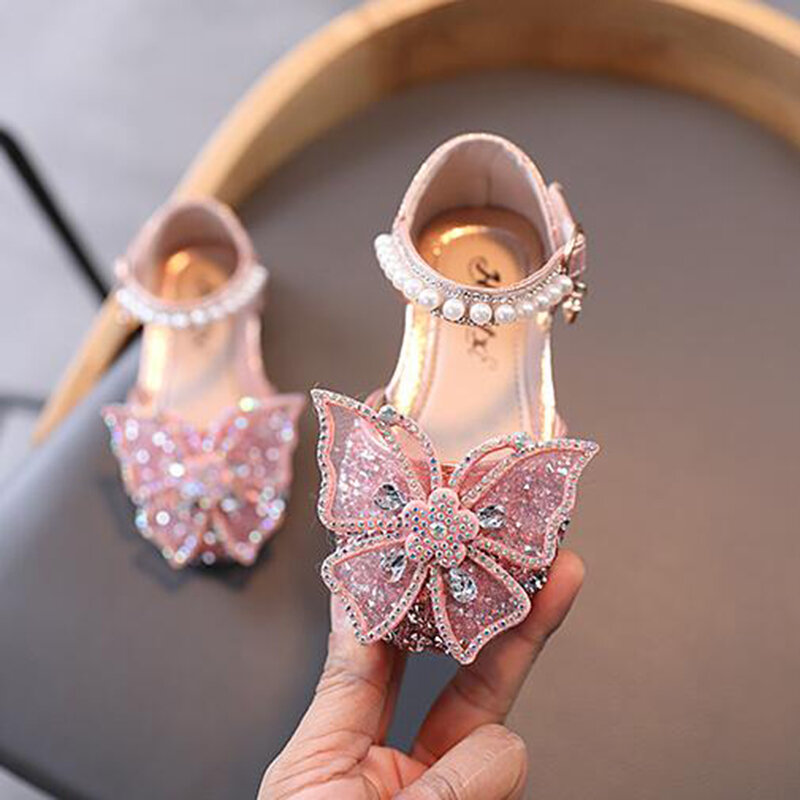 Sandal Anak Perempuan Musim Panas Mode Manik-manik Berlian Imitasi Busur Anak Perempuan Sepatu Putri Bayi Perempuan Sepatu Sandal Hak Datar Ukuran 21-35 SHS104