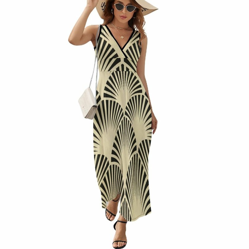 Art deco,black,beige,rustic,vintage,fan,pattern,elegant,chic Sleeveless Dress summer dresses women 2023 dresses for woman 2023
