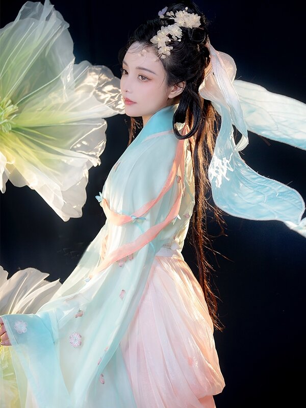 Kostum Huangyue Hanfu Asli Gaun Hanfu Cosplay Dinasti Utara dan Selatan Lengan Besar Gaun Wanita Pinggang Bordir