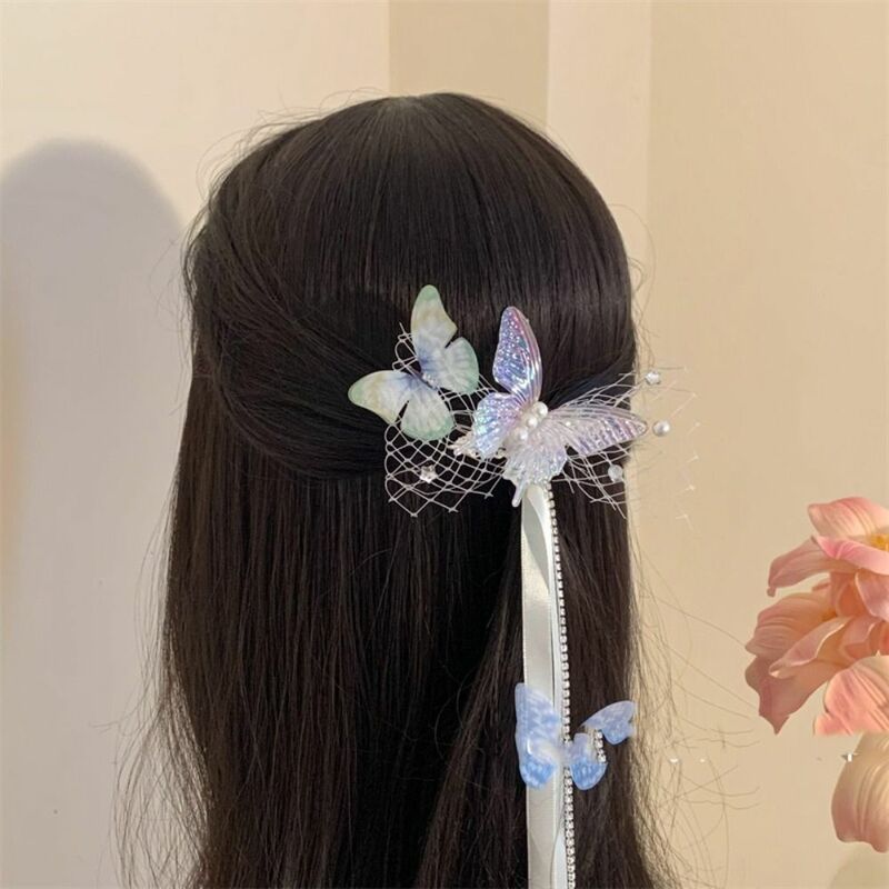 Pince à cheveux papillon de style coréen pour enfants, épingle à cheveux ChimPrincess Pearl, ornement de cheveux pompon, accessoires pour cheveux Hanfu, fête