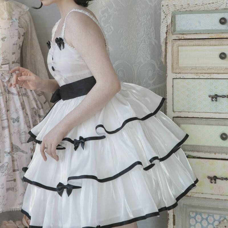Gaun Lolita Gaun Gadis Manis Lucu Lembut Tiga Tahap Jsk Wanita Mawar Hitam/Kamelia Putih Gaun Lolita Perempuan Kawaii