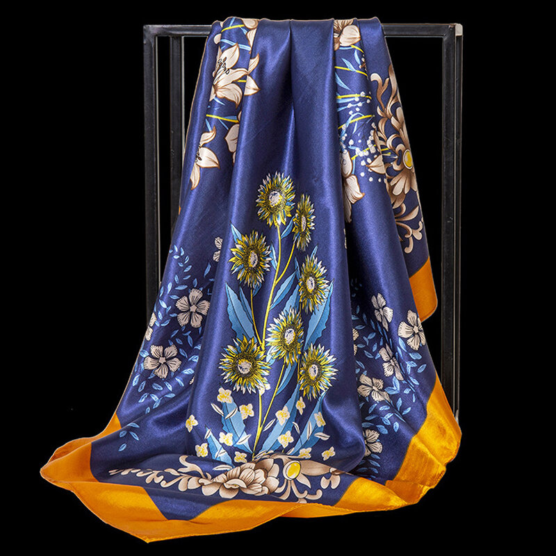 女性用多用途シルクスカーフ,花柄,90x90cm