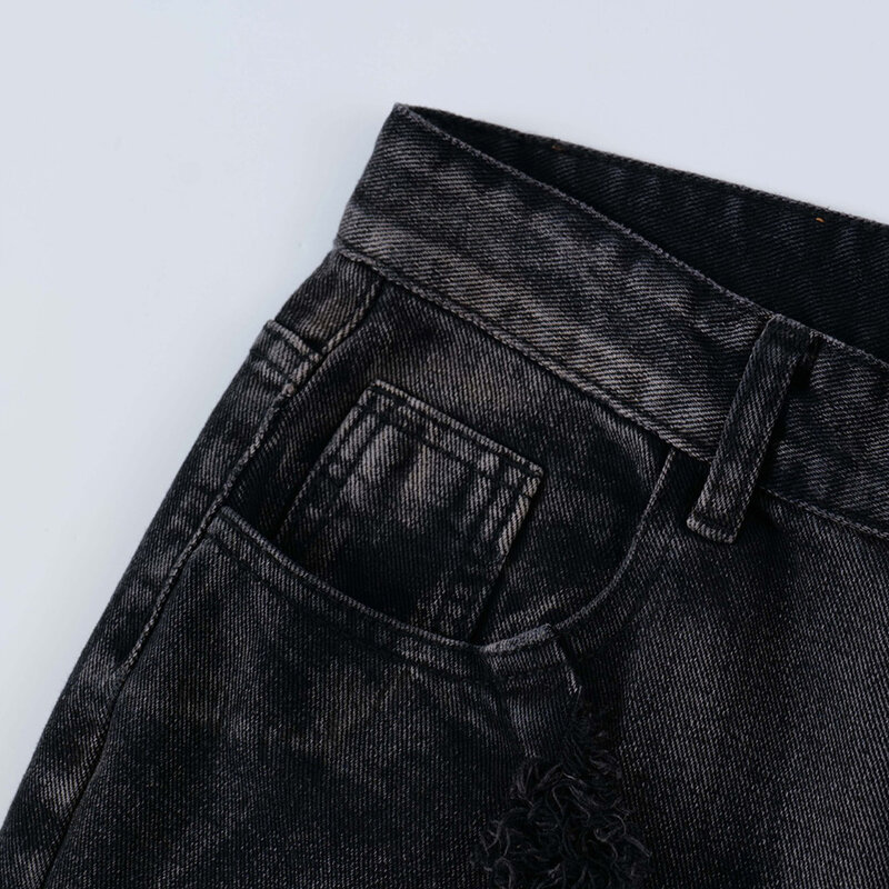 Shorts jeans largos com emenda de borla masculinos, moda masculina de Harajuku para verão, shorts soltos de perna larga Hip Hop, moda