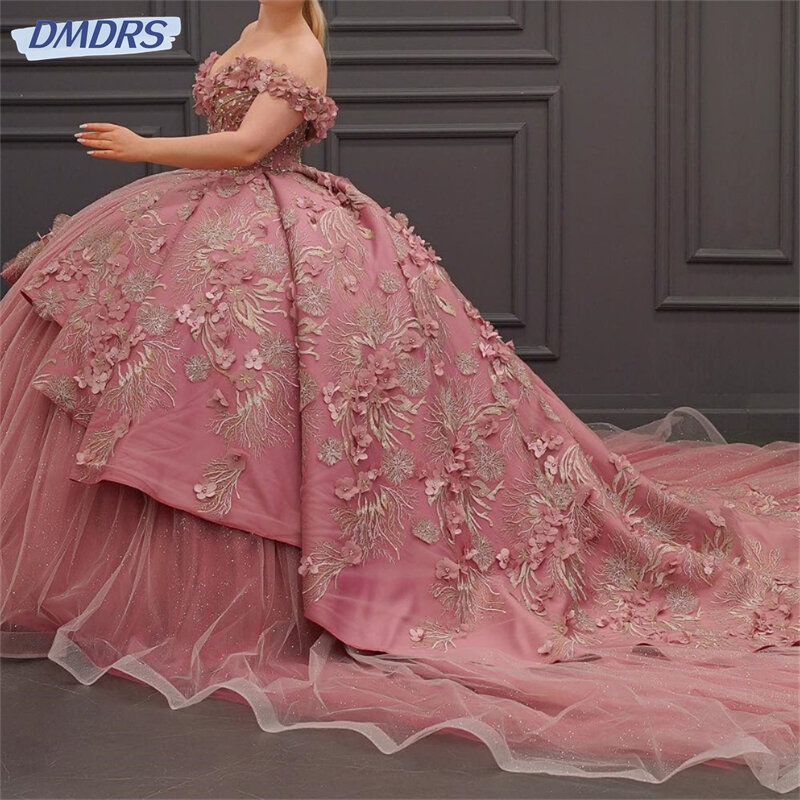 فستان Quinceanera على الكتف ، فستان حفلة رسمي أنيق للأميرات ، يزين بالزهور ثلاثية الأبعاد ، الخرز ، حلوة 15 ، كلاسيكية