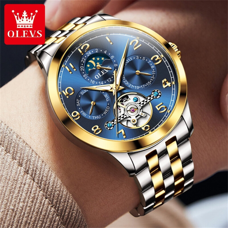 OLEVS 7018 Fashion orologio meccanico regalo cinturino in acciaio inossidabile quadrante rotondo calendario Display settimanale