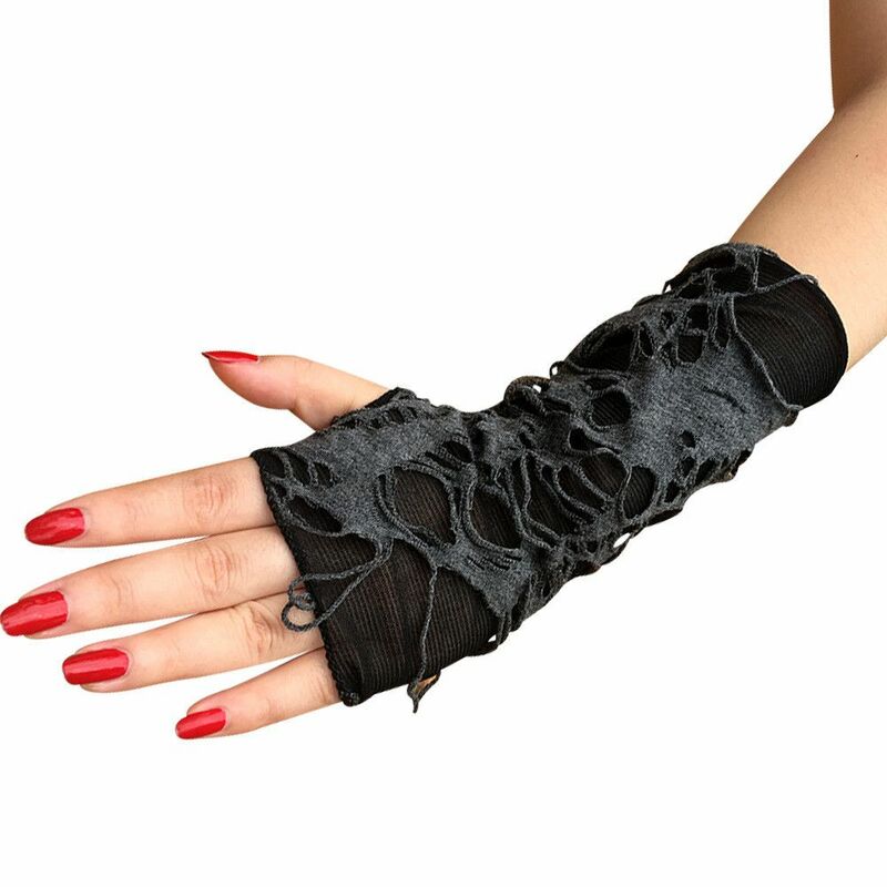 ถุงมือคอสเพลย์สำหรับผู้ใหญ่ถุงมือฮาโลวีนถุงมือครึ่งนิ้วแบบกอธิคสีดำมีรอยขาด1คู่