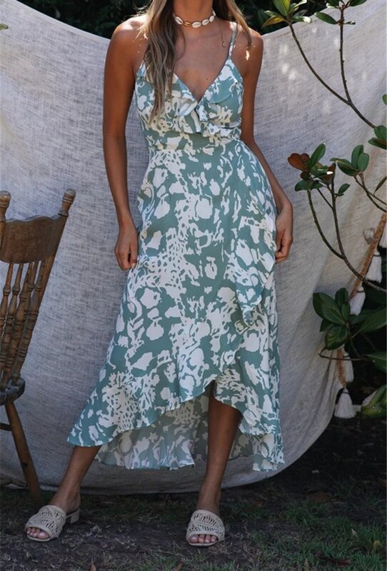 مثير زلة عطلة الأزهار الطباعة المرأة فستان الصيف كشكش أكمام الخامس الرقبة غير النظامية شاطئ نمط انقسام منتصف طول تنورة