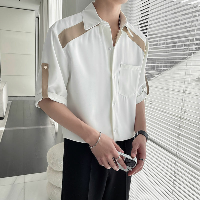 Summer New Turn-down Collar Fashion Half Sleeve Shirt Man High Street Casual Button Cardigan Y2K All-match Contrast Color Blouse