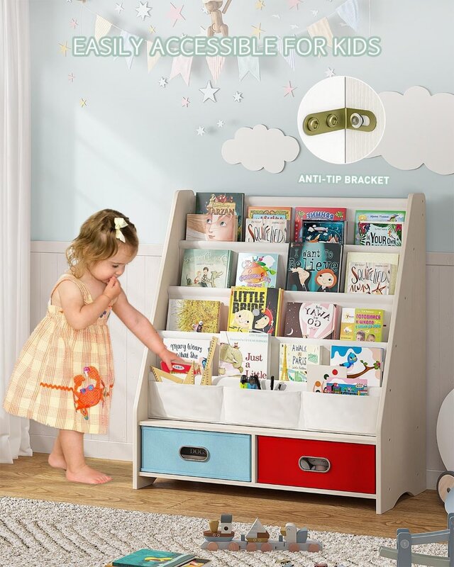 SEIRIONE Desk Bookshelf Kids Book Rack, 4 Sling Bookshelf, 2 Storage Boxes and Toys Organizer Shelves, Beige