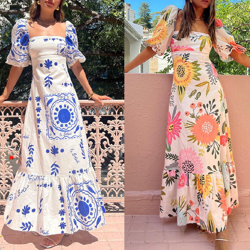 Fairycore kwiatowy Print elegancja linia Maxi sukienka kobiety moda letnie rękawy typu lampion plaża wakacje szata sukienki Trend Casuals