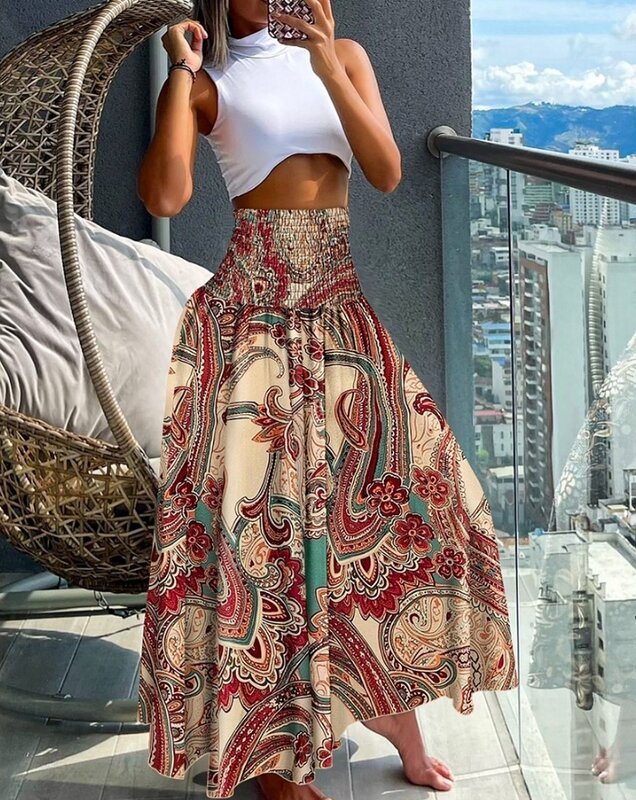 Pantalones de pierna ancha para chica hermosa, chal de cintura alta con estampado de flores tribales Retro, ropa de calle informal Y2K, novedad de 2024