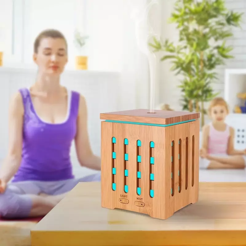 Essential Oil Diffuser Square Perfume Ultrasonic Real Bamboo Wooden 200ml Nebulizing Aromatherapy Humidifier 7 Color for Home