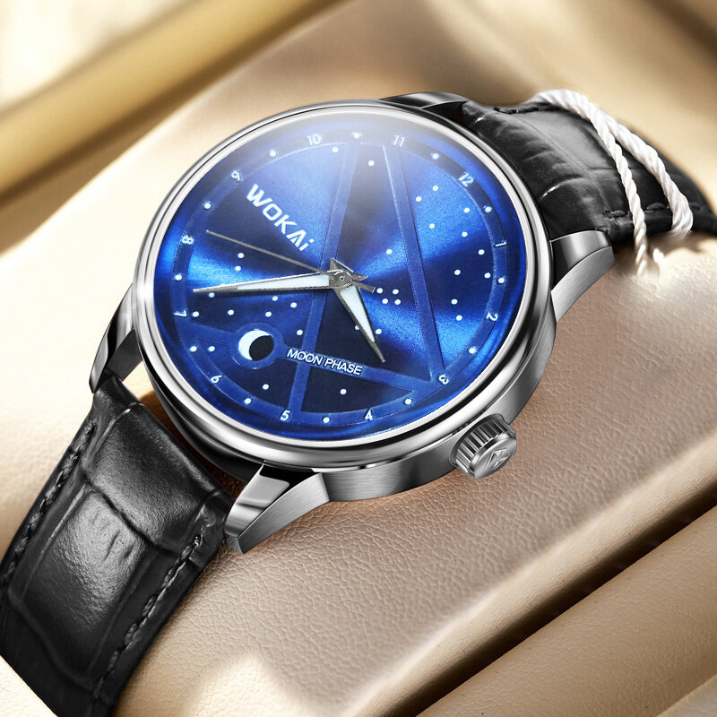 WOKAI – montre à quartz constellation bleue pour homme, bracelet en cuir, haute qualité, mode sport, business, horloge simple rétro