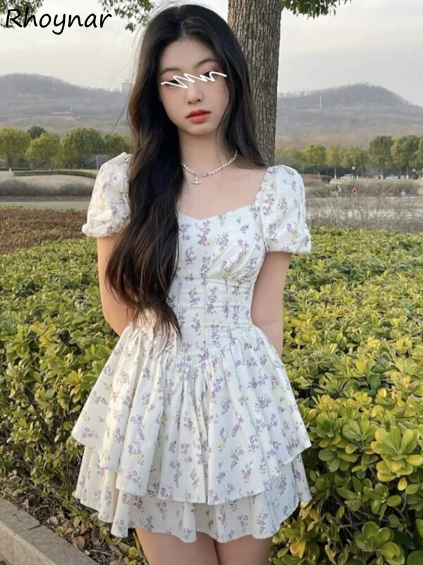 Kleid mit hoher Taille Frauen Sommer floral süß quadratischer Kragen Puff ärmel Prinzessin mädchen haft zart elegant koreanischer Stil preppy chic