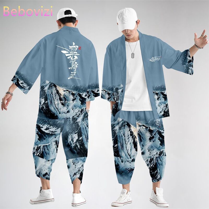 Azul de duas peças terno japonês cardigan oversized mulheres homens cosplay roupas yukata harajuku moda quimono + calças conjuntos