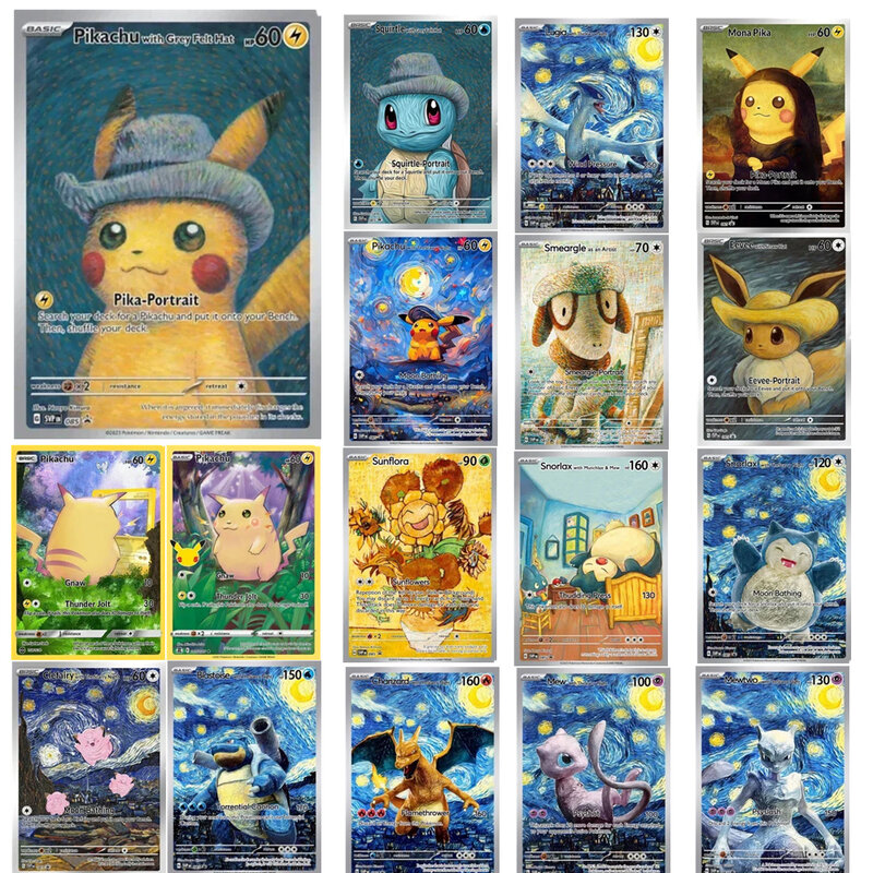 Cartões de Pokémon Self Made Anime, Coleção Cartões de Jogo, Brinquedos Presente, Museu Van Gogh, DIY, Pikachu, Charizard, Squirtle, Novo
