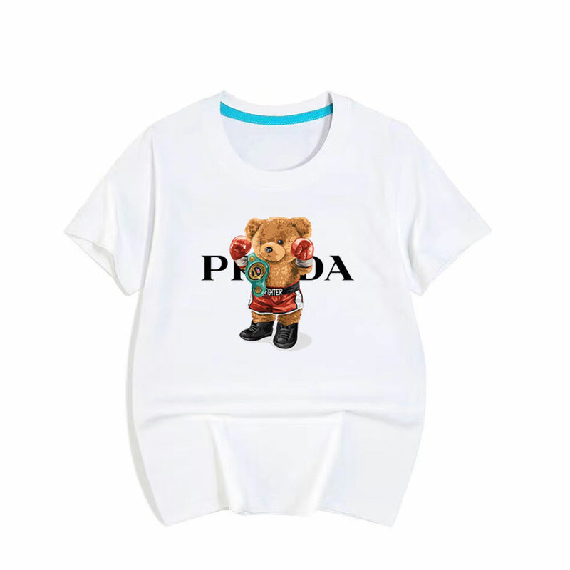 Kaus anak-anak desainer 2024 baju anak-anak motif beruang Fighting kaus katun lengan pendek anak perempuan anak laki-laki musim panas atasan anak-anak pakaian luar