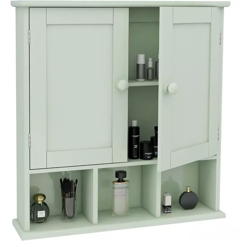 Armario de baño verde, armario de pared con estantes ajustables de 2 puertas, sobre el inodoro, armario de almacenamiento