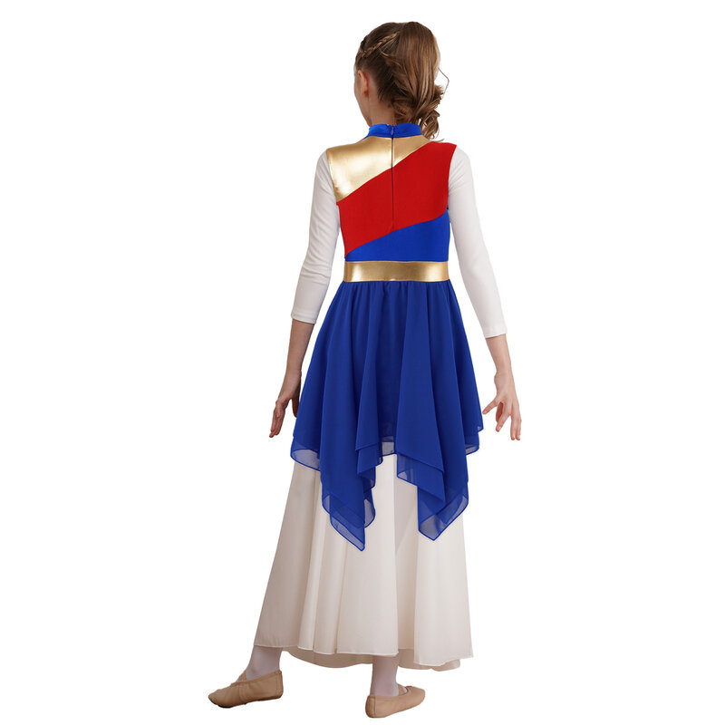 Dziecięca dziewczynka metaliczna sukienka do tańca pochwalnego bez rękawów szyfonowa nakładka liryczna odzież taneczna Color Block suknia kościelna kostium uwielbienia nastolatków