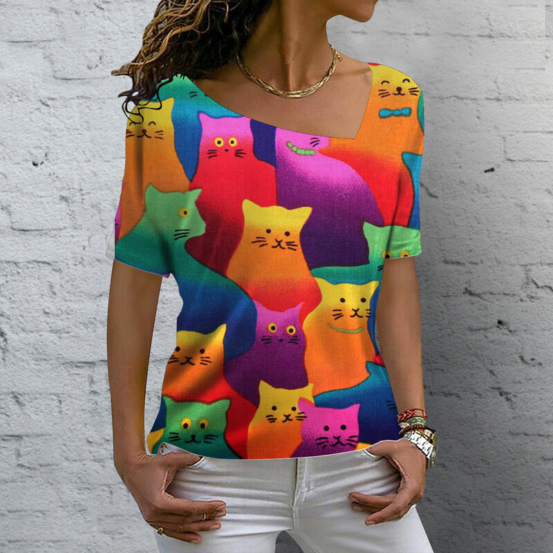 V-Neck Women's T-shirts Cute Cats Graphics Printed Short Sleeve Tops Summer Kawaii Fashion Casual Tees Streetwear Female Clothes