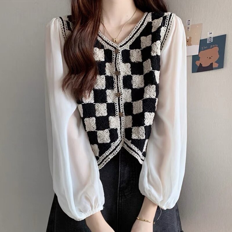 Женская шифоновая блузка 449B, топы, модная черно-белая футболка в шахматную клетку, футболка с длинными рукавами для повседневного ношения