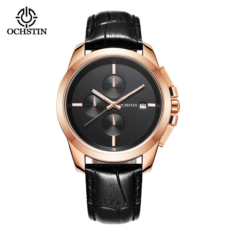 Ochstin-ピンクゴールドの時計ケース,耐水性,多機能レザーストラップ,日付ディスプレイ,男性