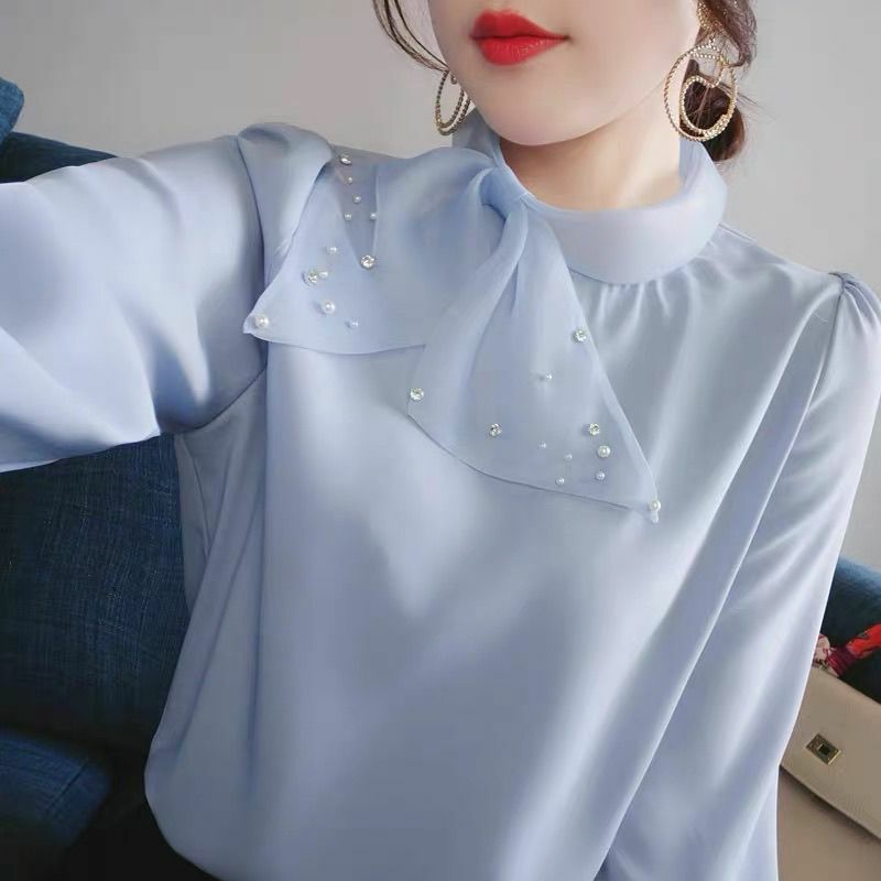 Женская шифоновая блузка с бисером и бантом, белая блузка свободного покроя для работы и повседневного ношения, весна-лето 2024