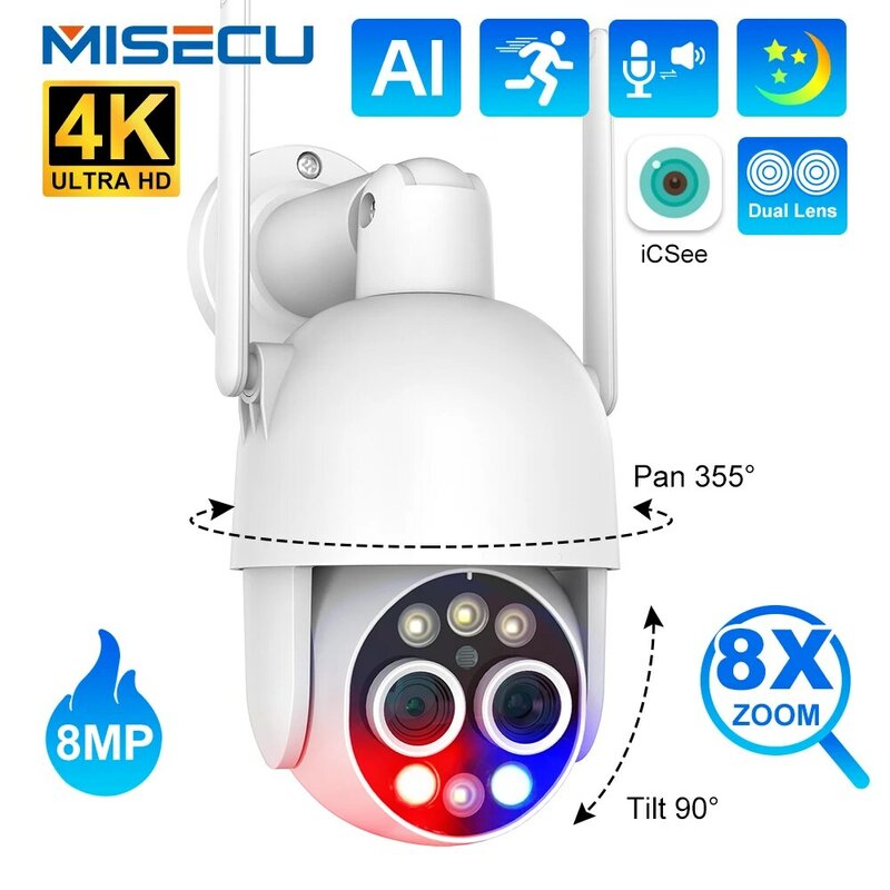 MISECU 8MP 4K 2.8+12mm Dual Lens Outdoor Wifi Camera 8x Hybrid Zoom PTZ Wireless IP Camera Auto Tracking Surveillance Camera