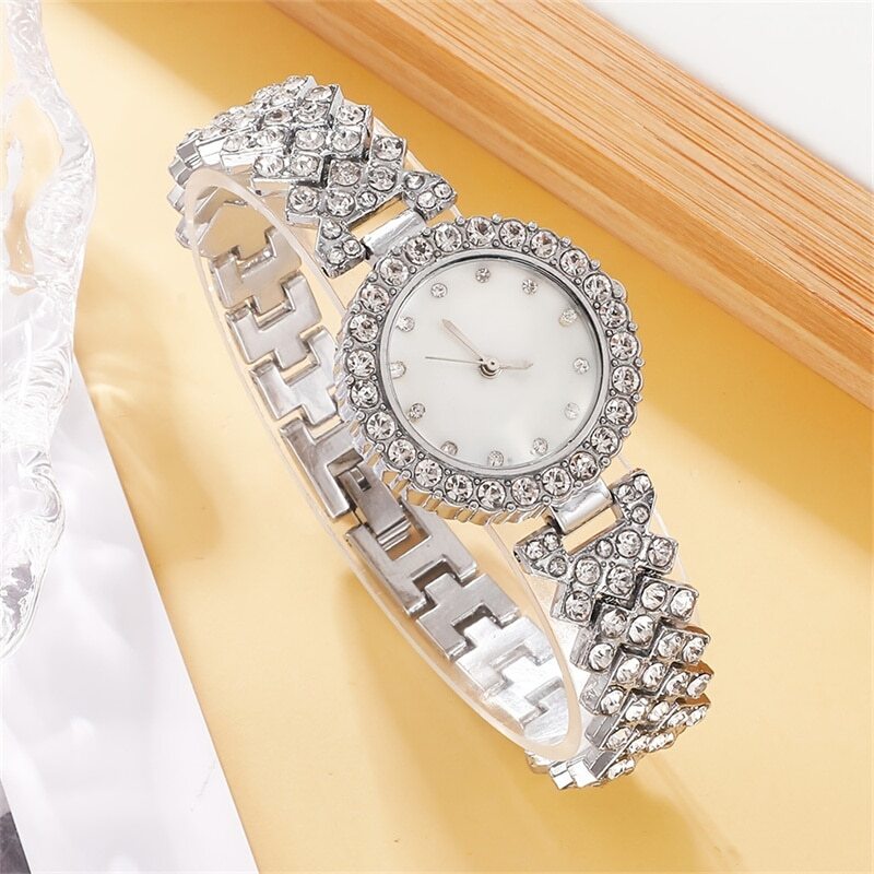 Jam tangan wanita, Set 6 buah jam tangan mewah cincin, kalung, anting-anting, jam tangan mode berlian imitasi, kasual wanita