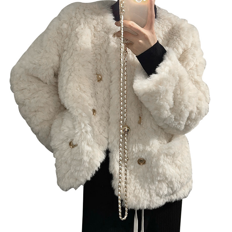 여성용 캐시미어 면 재킷, 두껍고 따뜻한 루즈 캐주얼 패션, 우아한 시크 인조 모피, 프렌치 화이트 여성 코트, 가을 겨울, 신상
