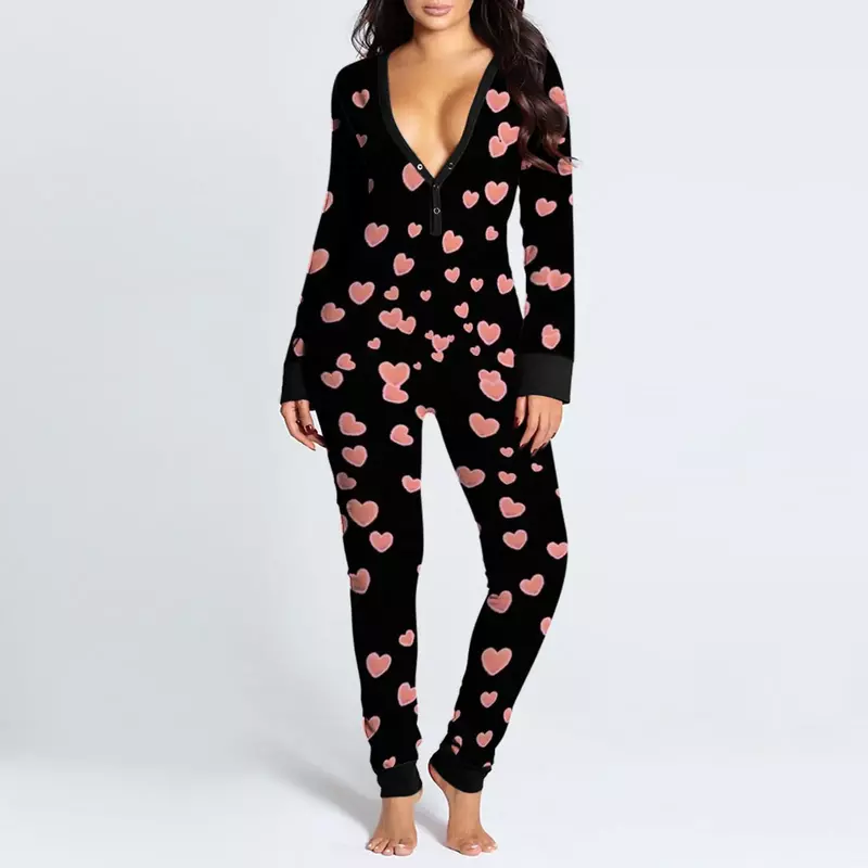 Pyjama sexy pour femmes, combinaison, grenouillères trempées, boutonnée dans le dos, rabat ouvert, imprimé cœur, vêtements de détente, costume de batterie