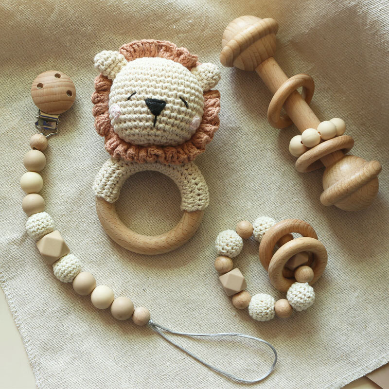 1set Baby Crochet Rattle Bell Natural Wooden Lion Teething Toy Bracelet Silicone Beads Pacifier Dummy Clips Soother Kids Toys