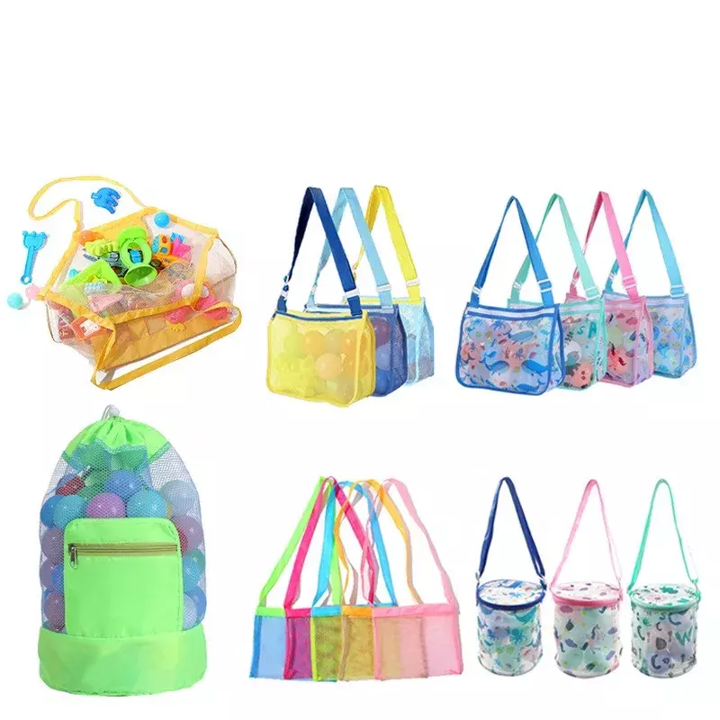 子供用メッシュビーチバッグ,おもちゃオーガナイザーネット,調節可能なショルダーストラップ,収納ポーチ,収集バッグ,ラウンドバケット