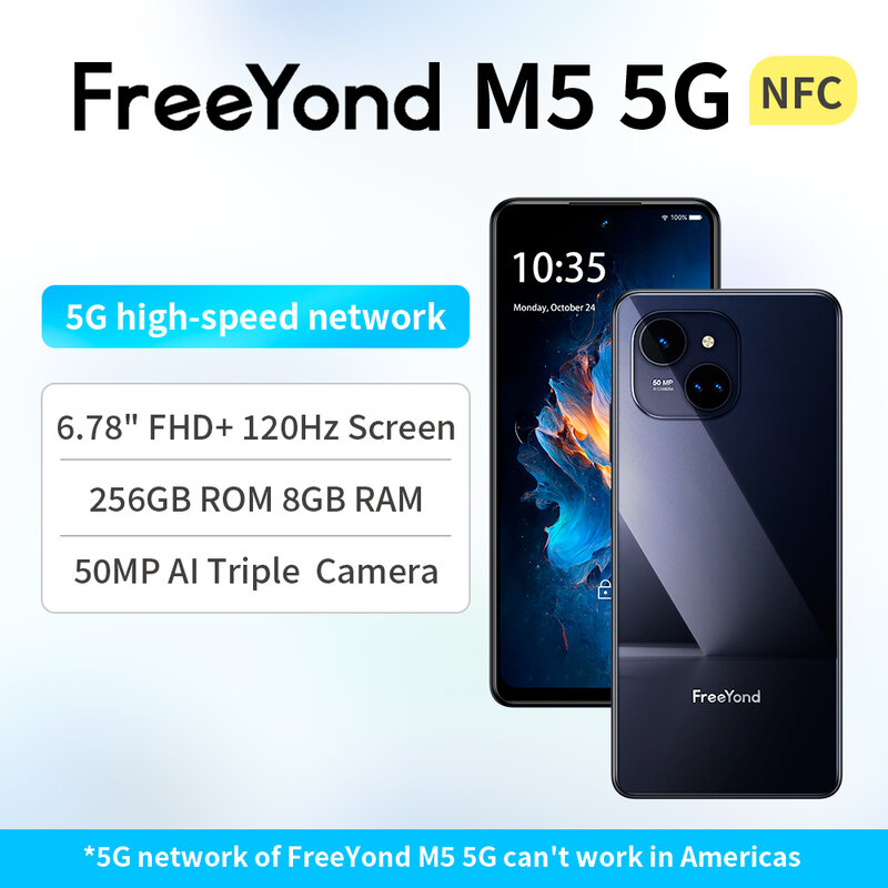 FreeYond M5 5G 6.78 "FHD + 120Hz layar dimensi 6020 50MP 256GB ROM 16GB RAM (8GB diperpanjang RAM) NFC Android 13 Triple Slot