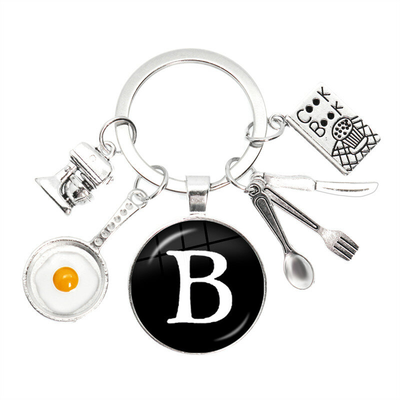 New Cooking Keychain Home Cooking Key Ring A-Z Round Glass Dome Cabochon Pendant Tableware Key Ring For Chef Gifts Jewelry