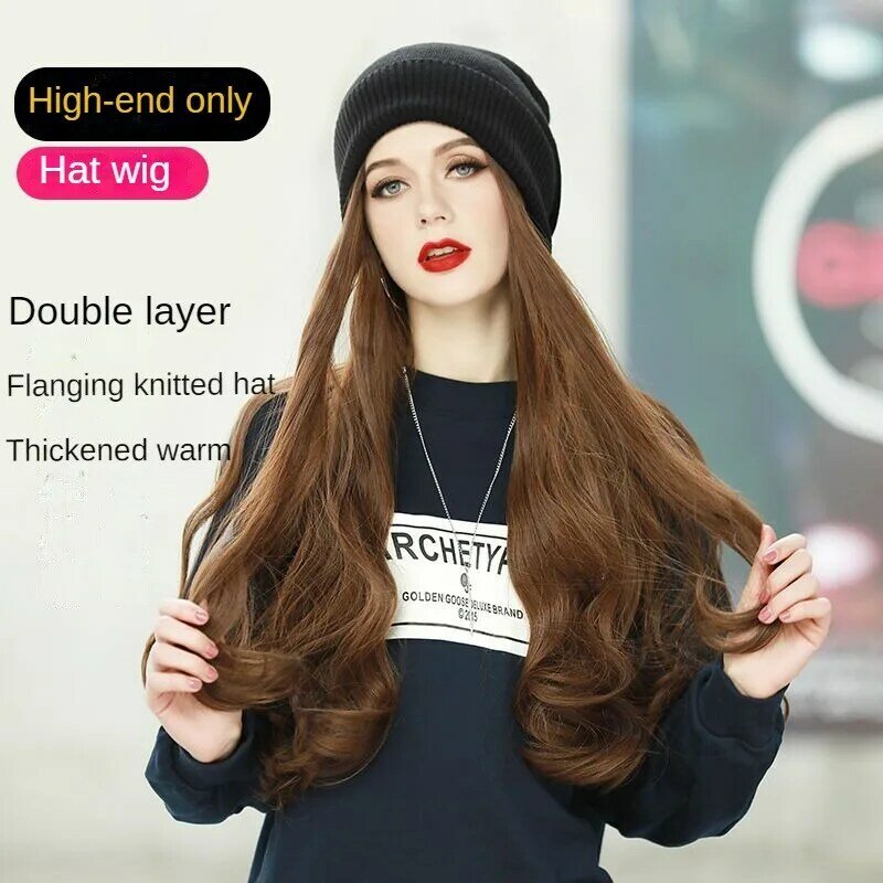 Peruca sintética encaracolada longa com perucas de cabelo para mulheres, capacete de pelúcia cheia, peruca feminina, chapéu sintético elegante, outono e inverno