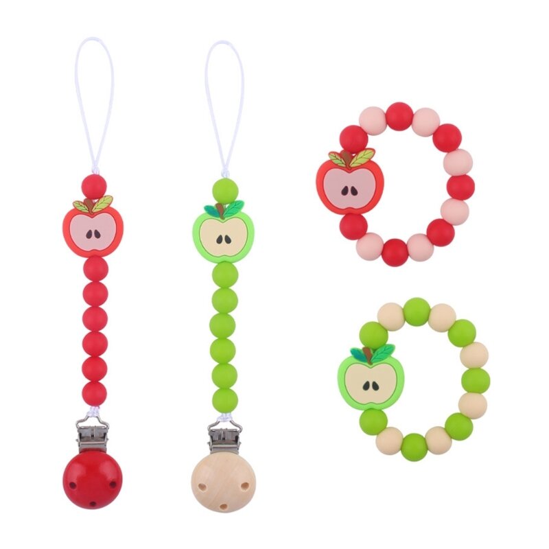 Silicone Beads Pacifier Hold Apples Pattern Clip used for Baby Girls & Boys Baby Pacifier Holder Clip Pacifier Strap 45BF