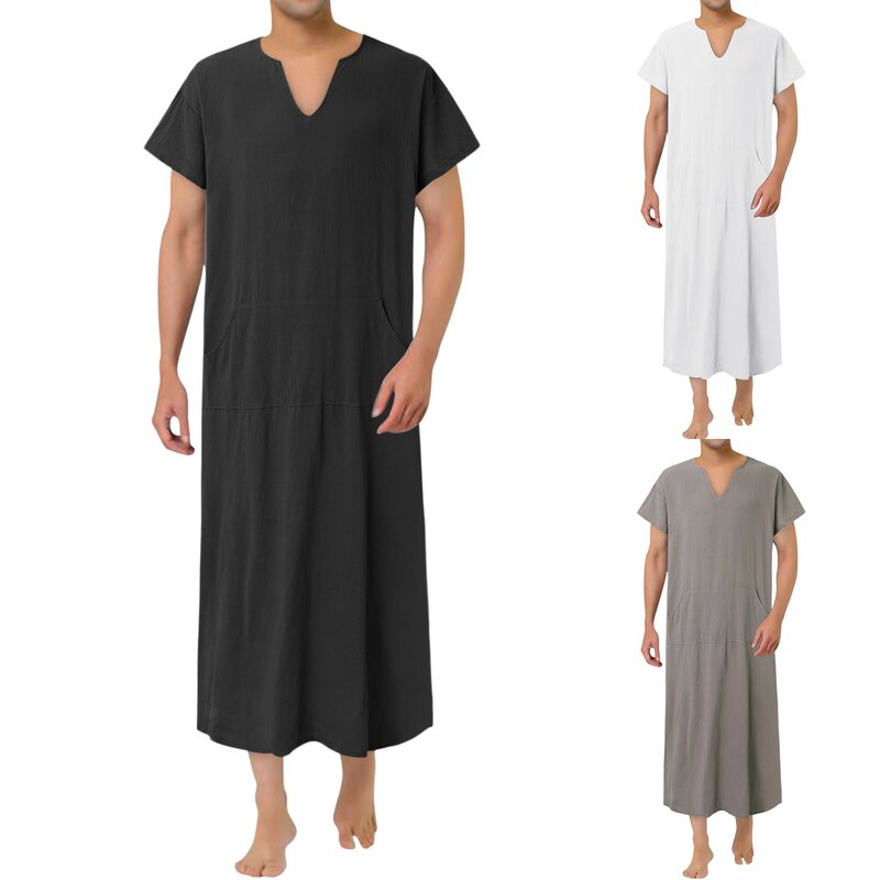 Männer muslimische arabische islamische Kaftan Roben V-Ausschnitt Kurzarm solide Baumwolle Leinen Jubba Thobe Casual Fashion Dubai Saudi-Arabien Robe