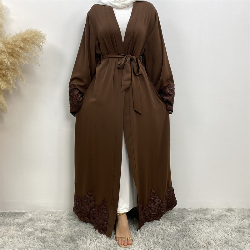 Dubai Kimono Strickjacke für Frauen Open Front Robe muslimische islamische Spitze Abaya Kaftan Gürtel Ramadan Kleid Jalabiya Eid bescheidene Abayas