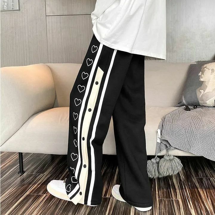 Pantalon de survêtement à jambes larges Harajuku pour hommes et femmes, Streetwear surdimensionné, bouton latéral, pantalon bouffant décontracté, sport, fendu, basket-ball, piste, fjgy
