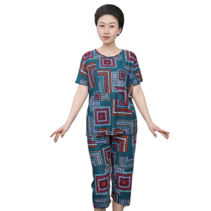 Short Sleeve Top Set Ethnic Style Women's T-shirt Pants Set with Printed Top Cropped Trousers for Casual Sport Outfit 2 Pcs/set