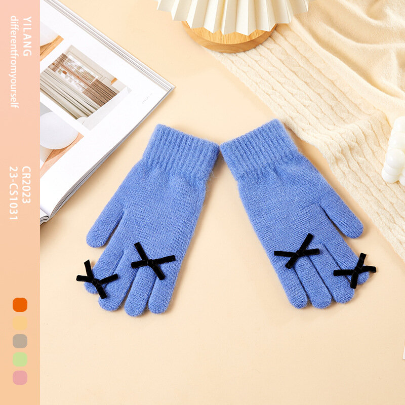 New Women Winter Keep Warm Cute Lovely Sweety Bow Knitted Gloves Candy Color Solid Cold Protection Soft Cycling Fashion