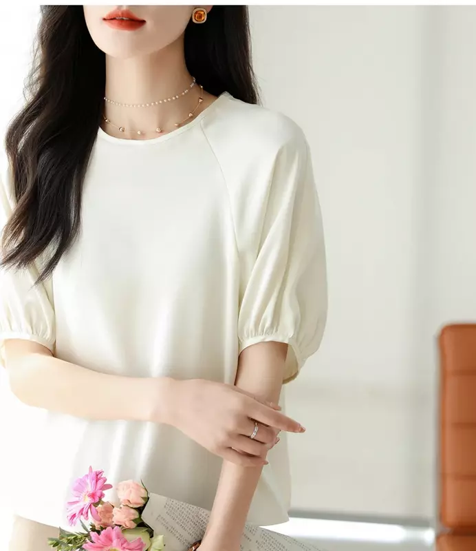 Chiffon Women's Shirt Summer Vintage Solid Blouses Loose Short Sleeves Women Tops Fashion O-neck Clothing 2024 Korean