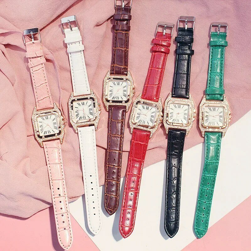 Conjunto de relojes cuadrados de lujo con diamantes para Mujer, Reloj de pulsera De cuero resistente al agua, de cuarzo, femenino