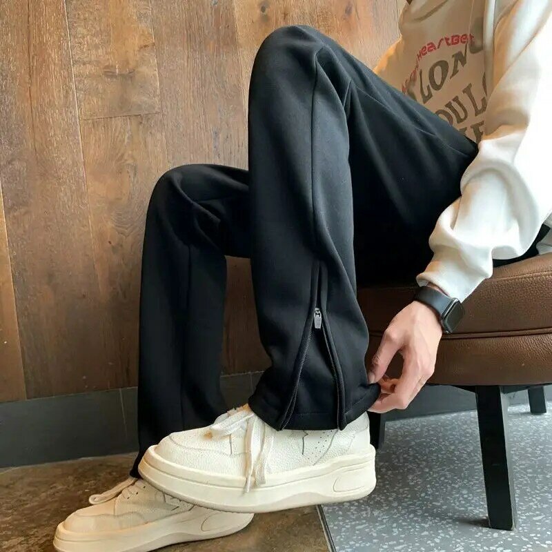 2024 New Black Elastic Waist Forking Sweatpants Men Spring American Style High Street Zipper Slim Solid Color Straight Leg Pant