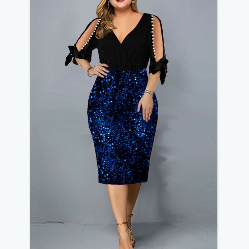 Big Size Clothing 2024 New Summer Loose Woman Slim Dress Sexy V Neck Personalized Sequin Design Plus Size Dress Party Vestidos