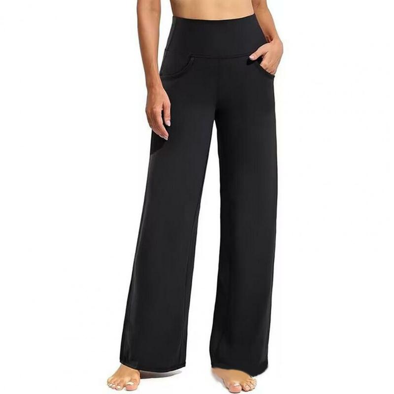 Calça feminina de ioga de cintura alta com bolsos laterais, calças largas, ajuste solto, elegante, controle de barriga, casual