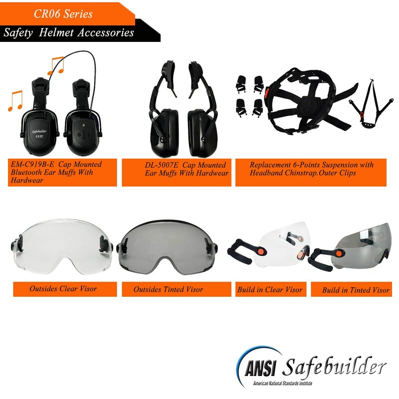 CE 안전 헬멧, 바이저 포함 하드 햇, 투명 및 착색 조절식 통풍 ABS 작업 헬멧, 6 포인트 서스펜션 ANSI Z89.1 승인