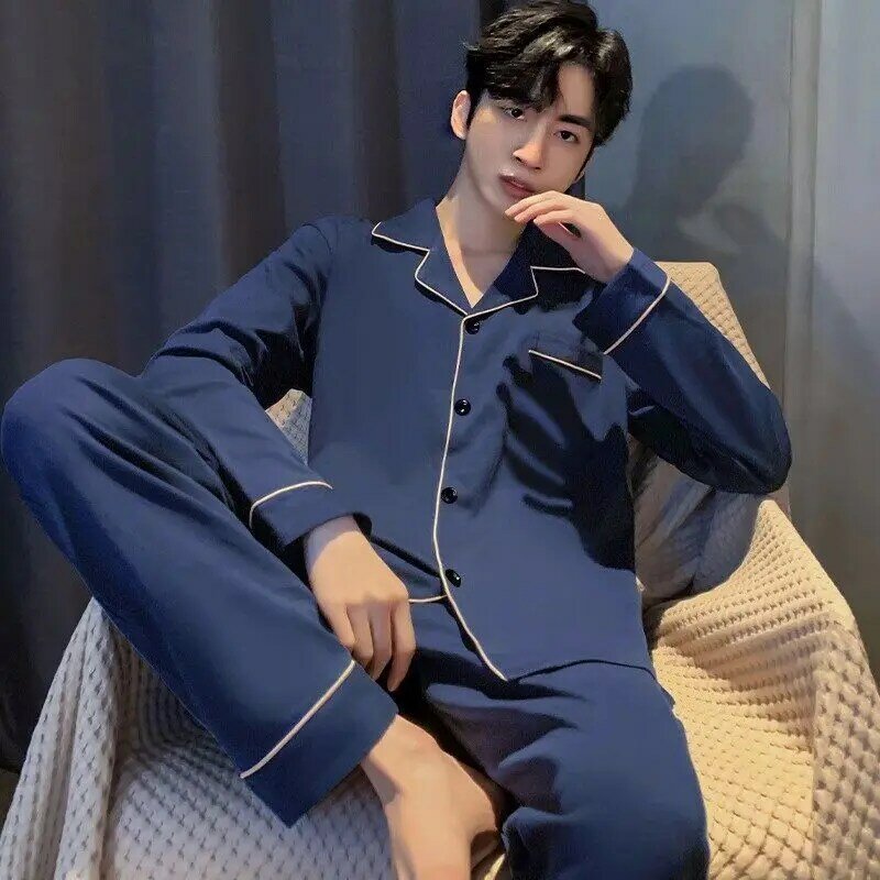 Bawełniana bielizna nocna męska z długim rękawem, długie spodnie zestawy piżam komplety bielizny nocnej luźna na wiosnę jesień koreańska luźna